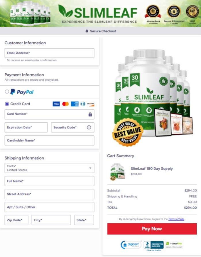 Slimleaf safe online order with SSL secured checkout process